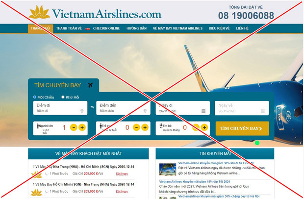 Một trang web giả mạo VNA để lừa đảo trong du lịch